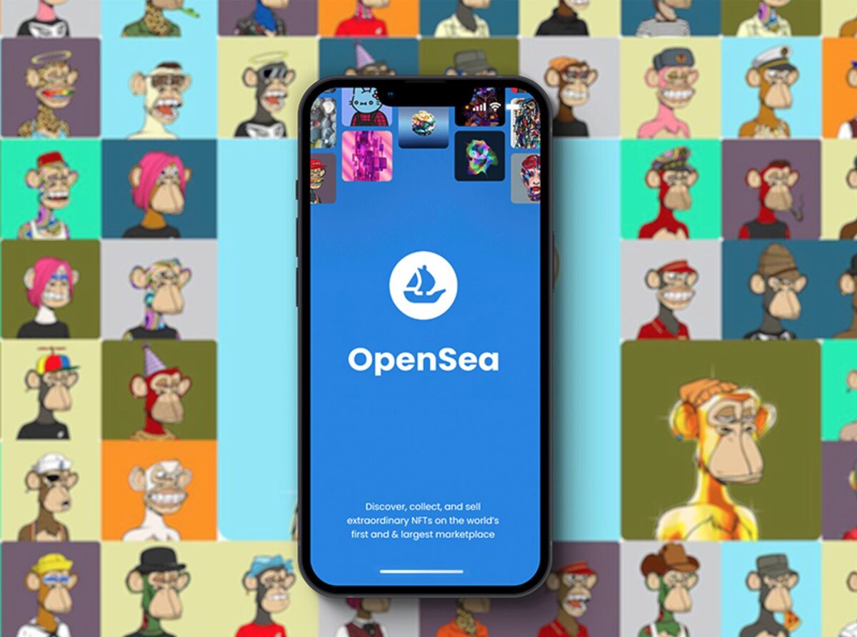 OpenSea logo of a boat on a phonescreen. In the background are pictures of NFT apes.