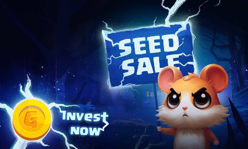 Gamster hamster mascot holding "Seed Sale" sign.