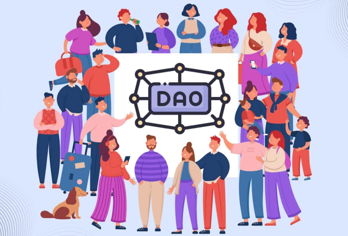 A group of people talking to each other as part of a community with a big DAO symbol in the middle of them.