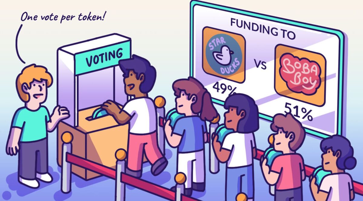 A voting booth showing people in a single file line walking up to a voting box and placing a token inside. To the right is a man saying "One vote per token"