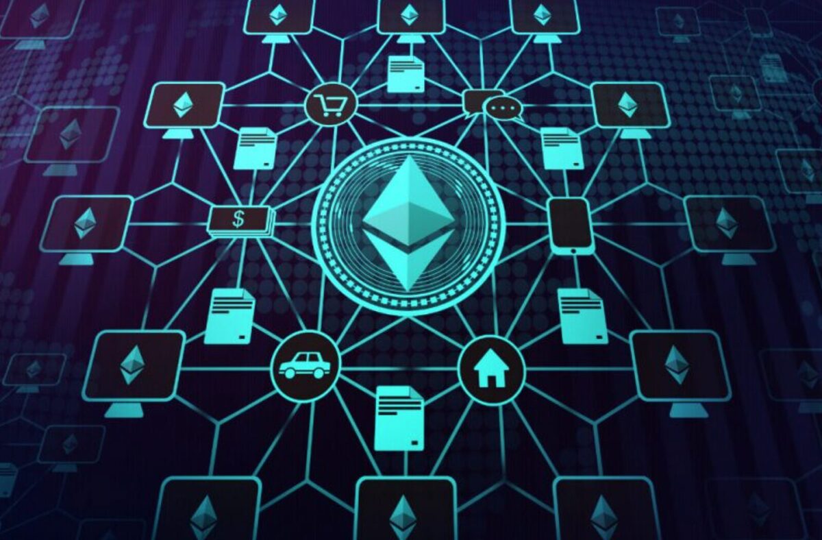 A network of smart contracts all connecting back to the Ethereum logo in the middle.