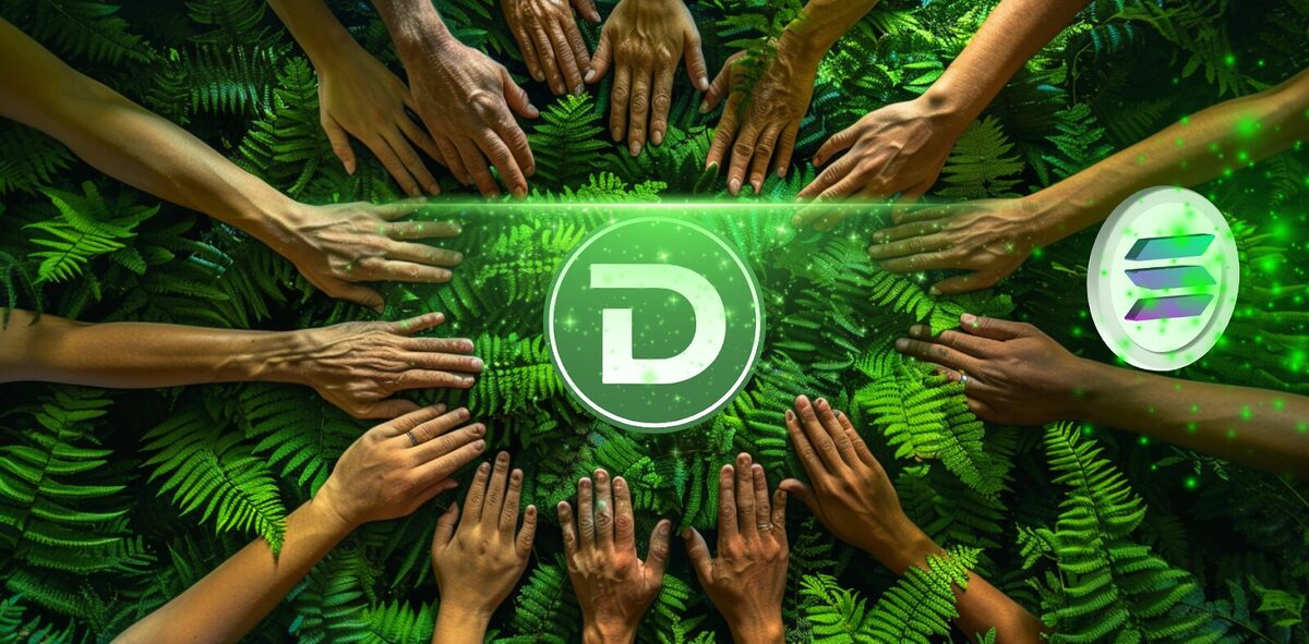 Hands reaching towards DTX token.