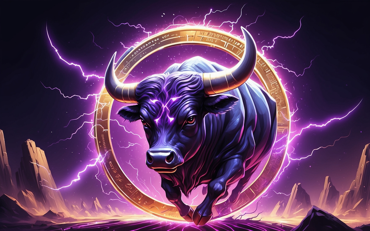 Bull running through a portal shaped like coin.