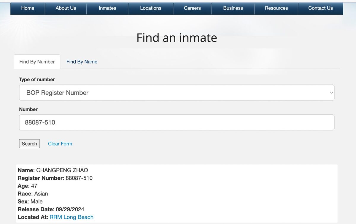 Screenshot of Changpeng Zhao’s (CZ) bio showing his release date and prison details.