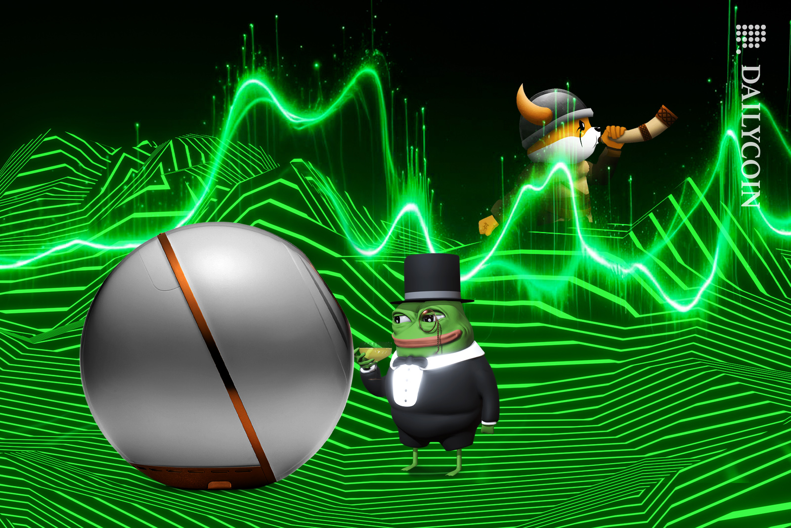 Pepe, worldcoins Orb and Floki celebrating being on the green digital space.