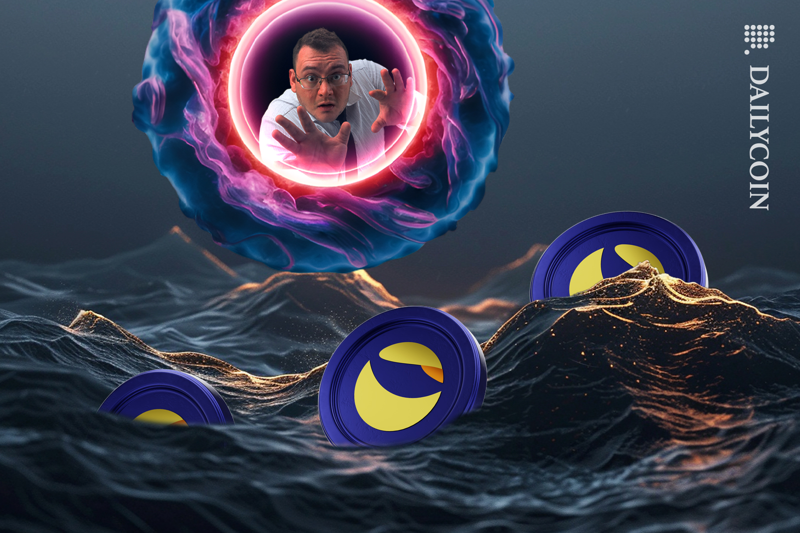 Guy seeing the terra luna coins plunge into water.