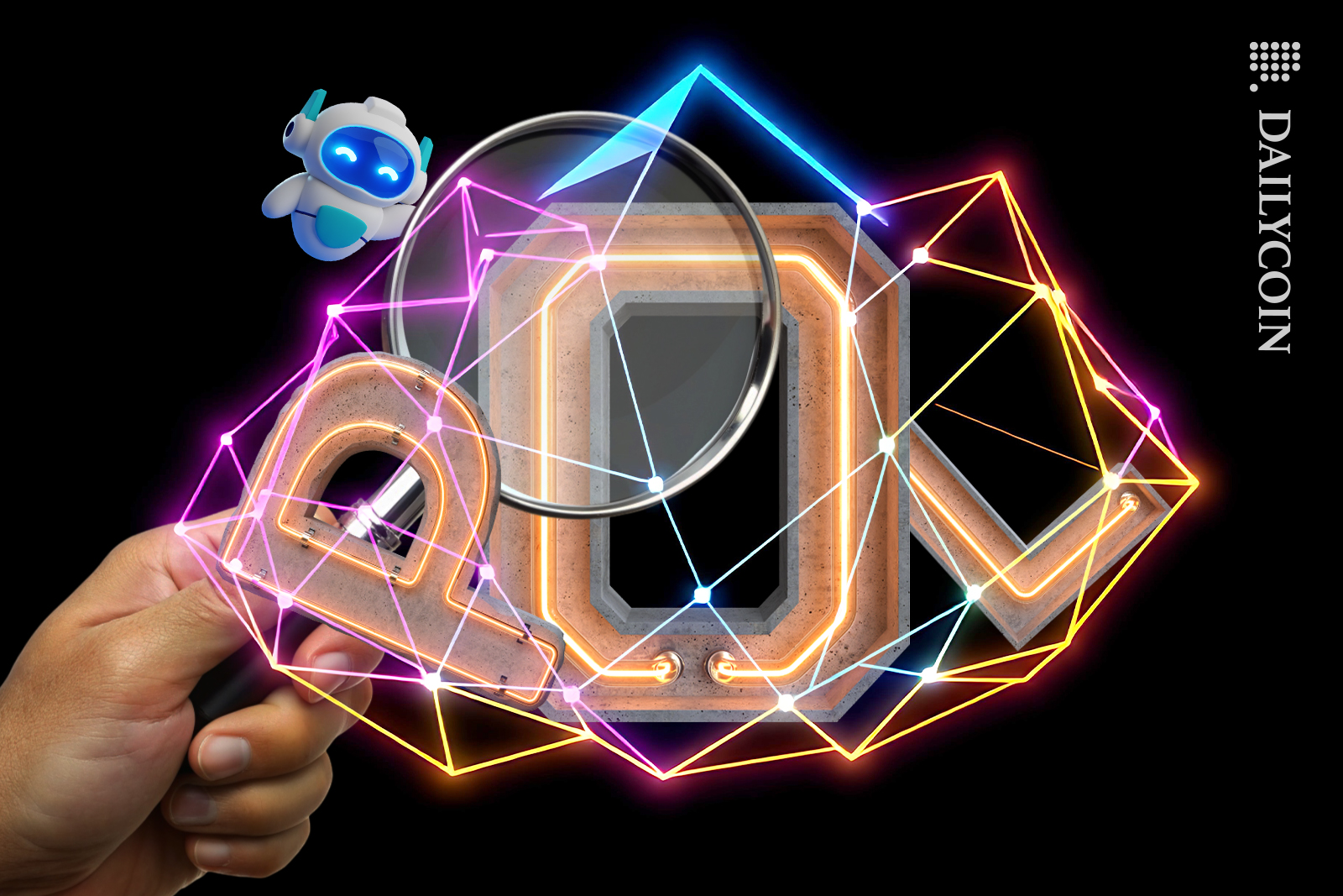 A hand and a little robot looking closer at Polygons POL.