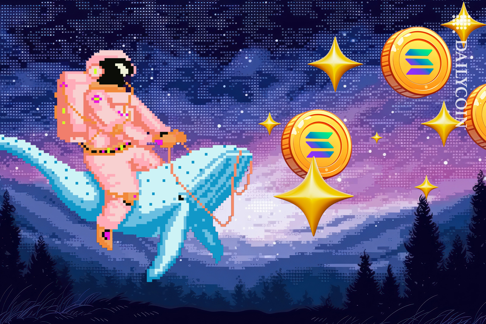 NFT character on a whale collecting solana coins.