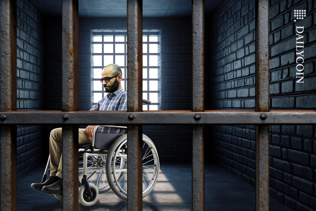Tigran Gambaryan sitting in a wheelchair in Prison.