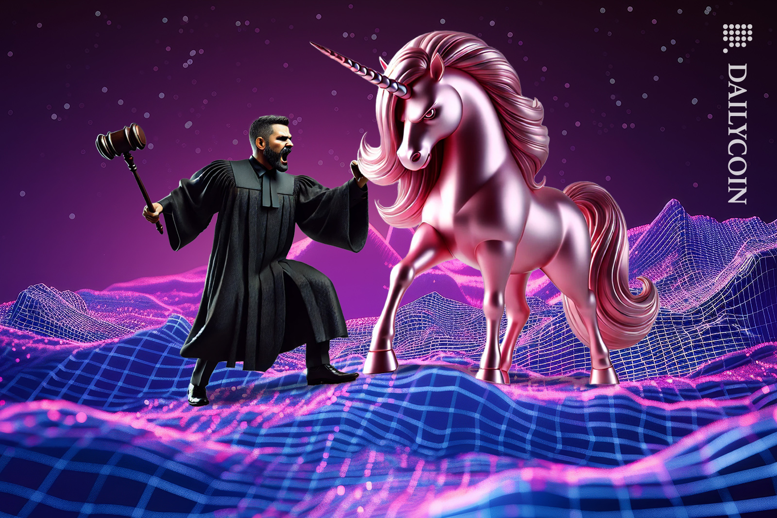 Uniswap unicorn and a judge with a gavel fighting on digital land.