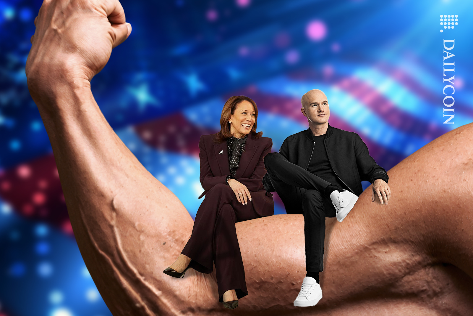 Kamala Harris and Coinbase CEO Brian Armstrong sitting on a strong arm with a digital American flag in the background.