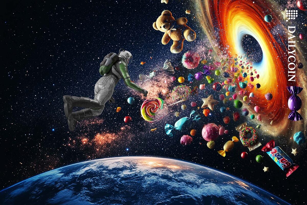 An astronaut investigating a blackhole in space spitting out candy and soft toys.