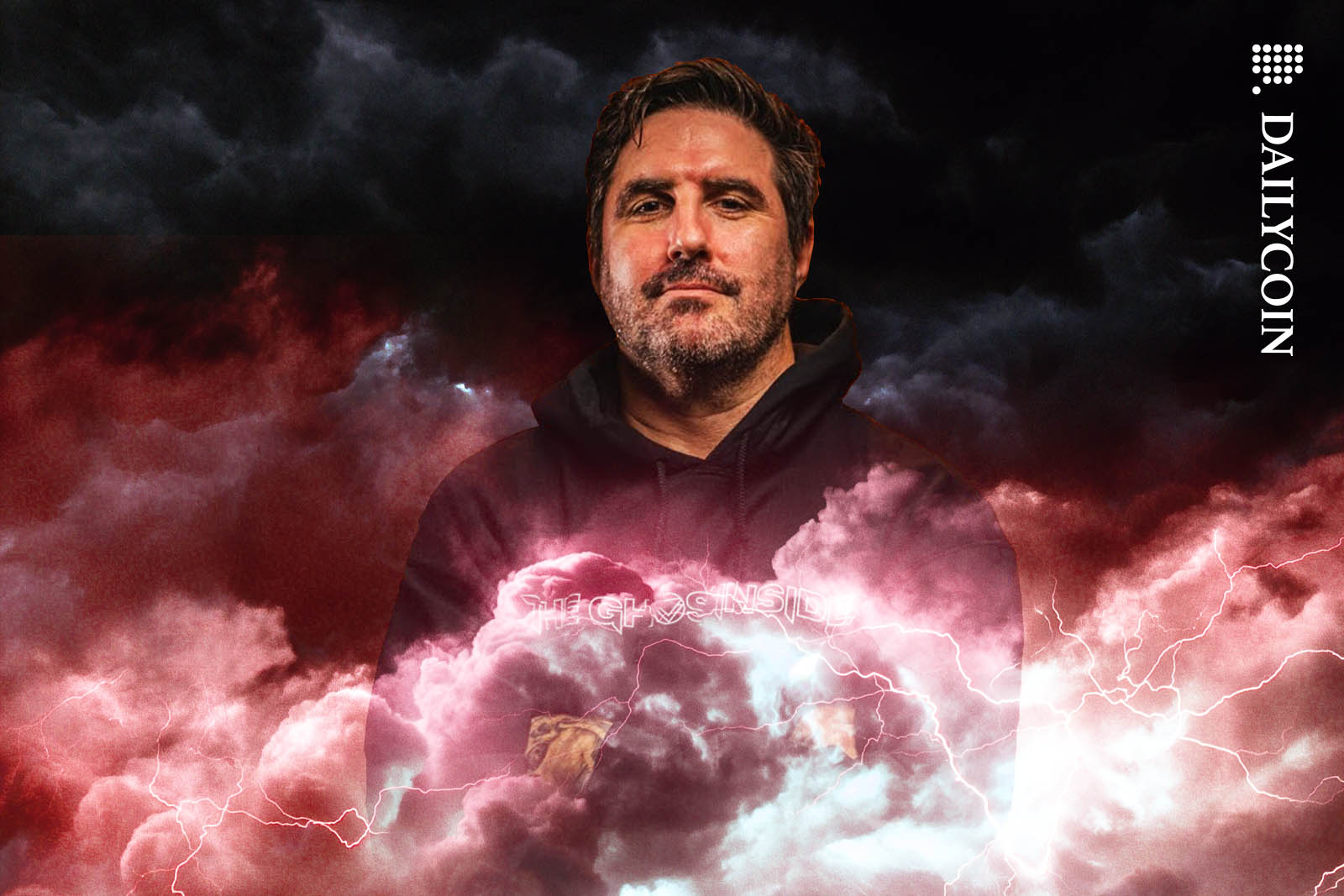 Peter McCormack smiling confidently in red storm clouds.