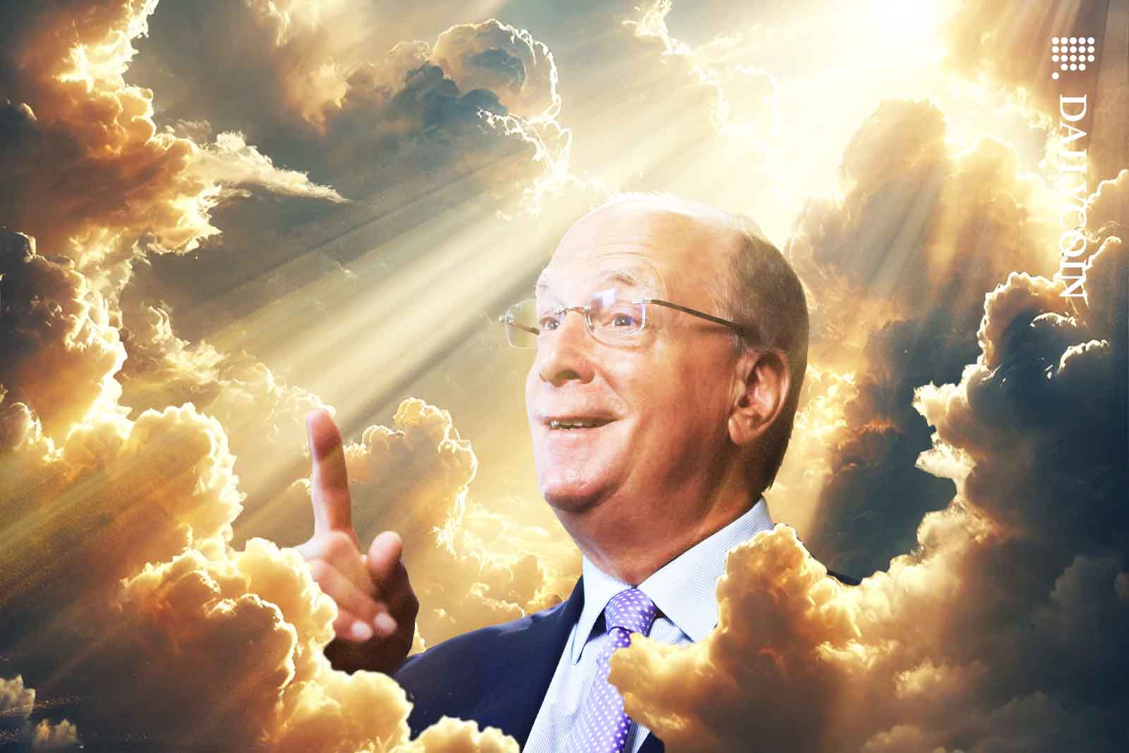 Larry Fink smiling between heavenly clouds.