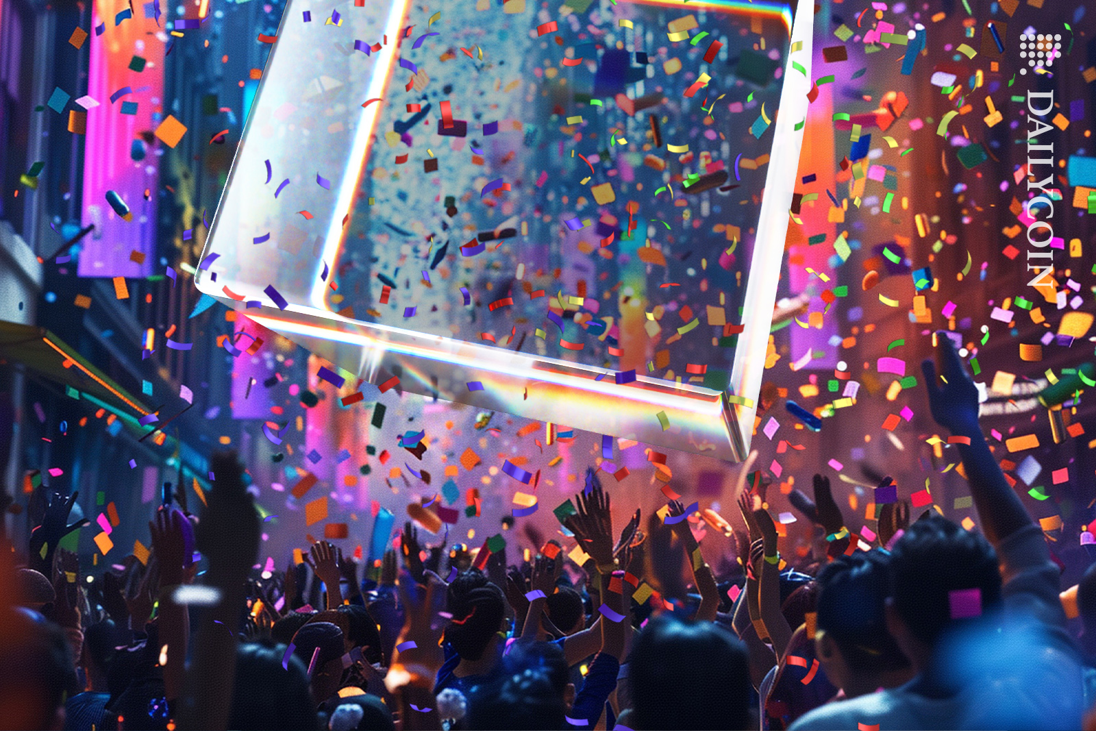 People celebrating digital blockchain cube.