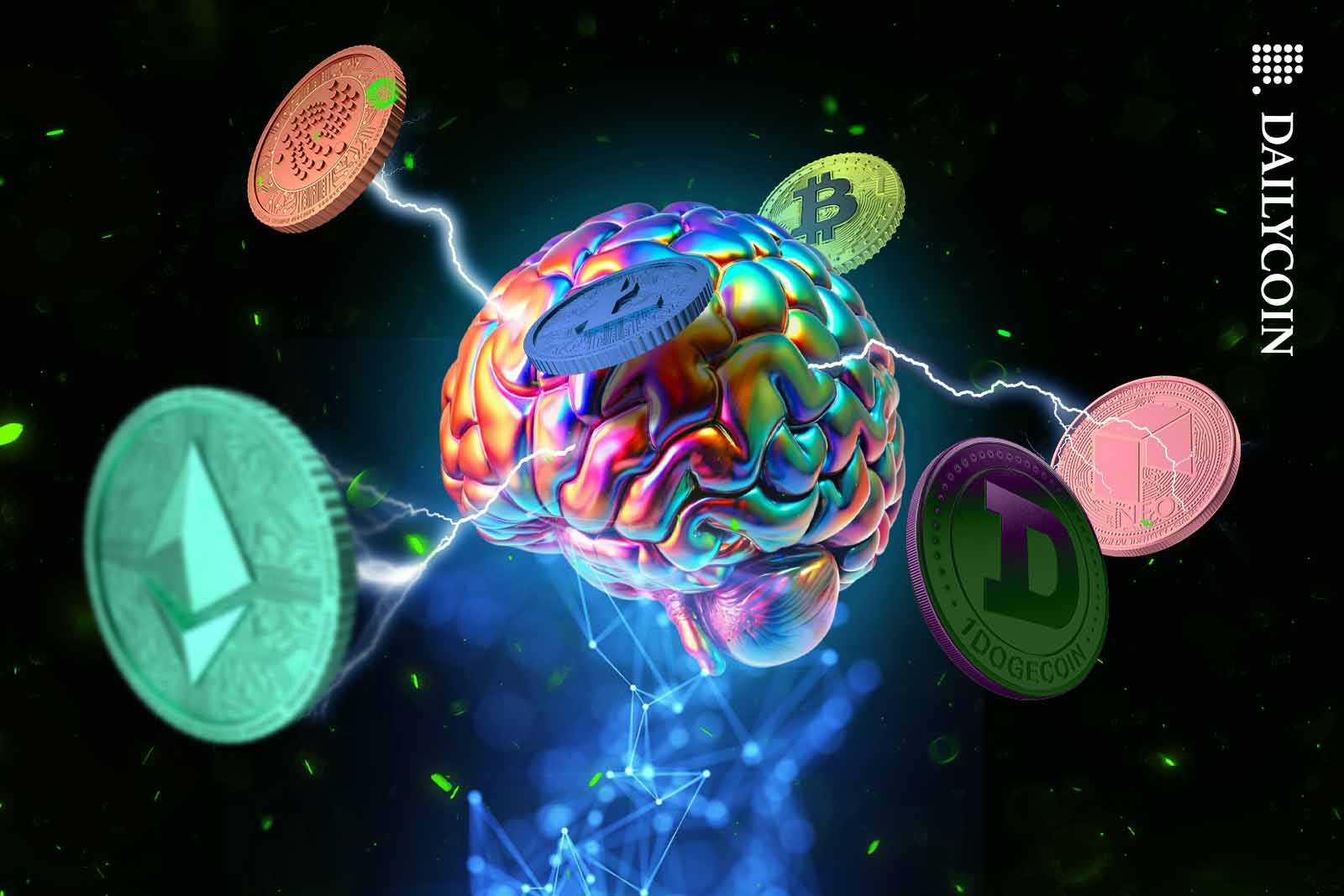 An iridescent digital brain generating crypto currencies.