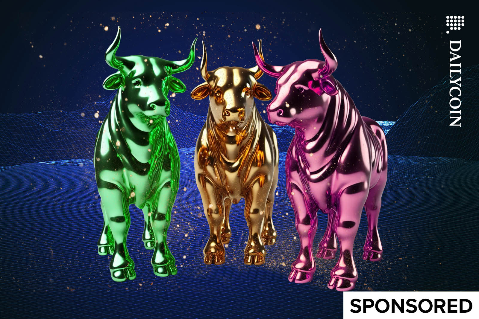 Three metallic bulls standing next to each other in a wireframe landscape.