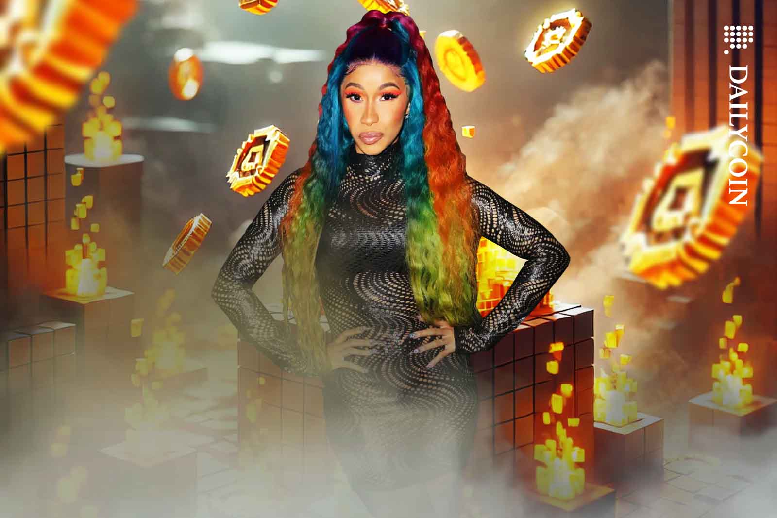 Cardi B posing in a computer game style room filled with burning voxel coins and fire.