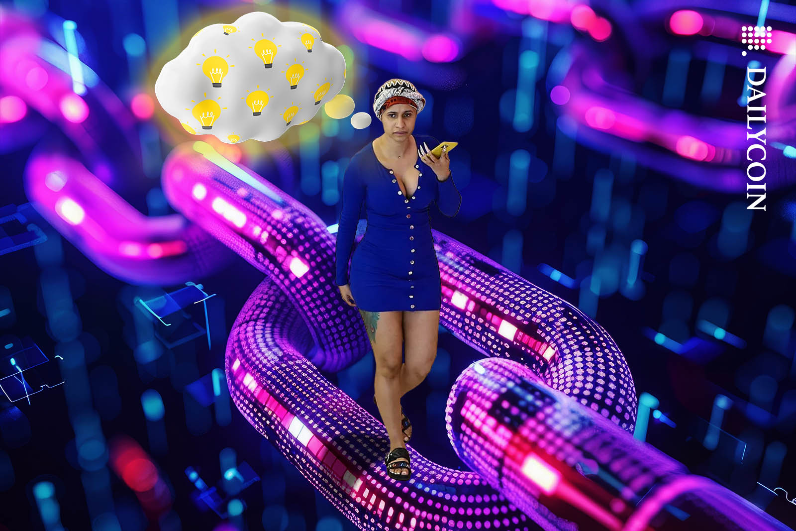 Cardi B walking down on a large digital chain whilst having some big thoughts about her WAP meme coin.