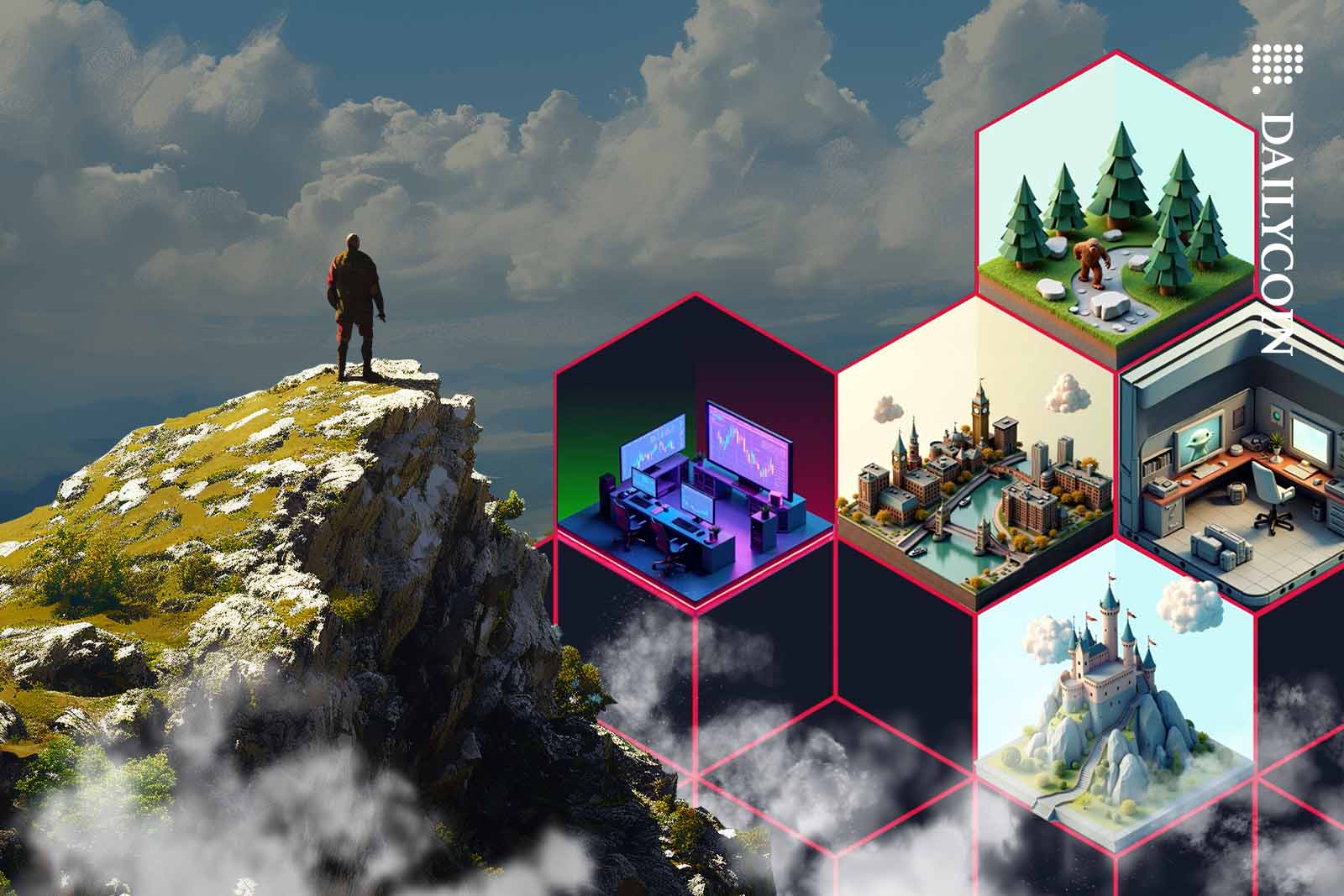 Mountain climber staring at a strange new phenomena from a cliff.