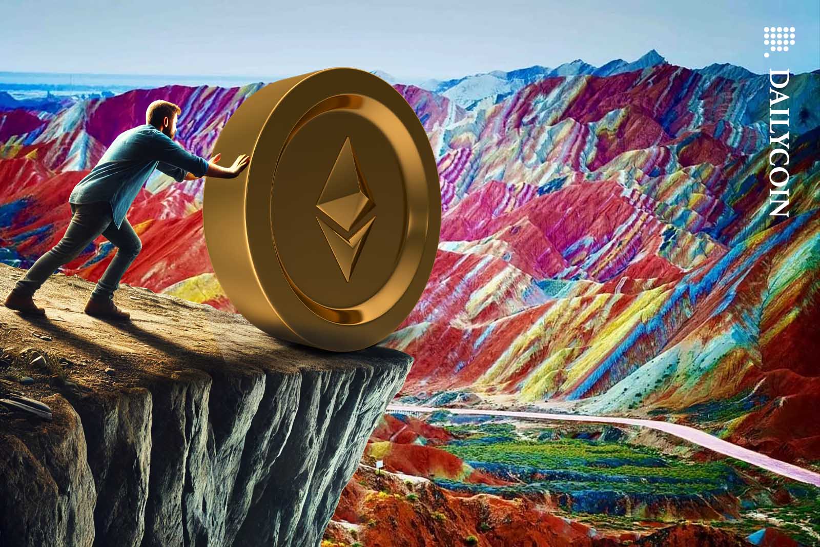Man pushing a huge Ethereum coin off a cliff above the Rainbow Mountains.