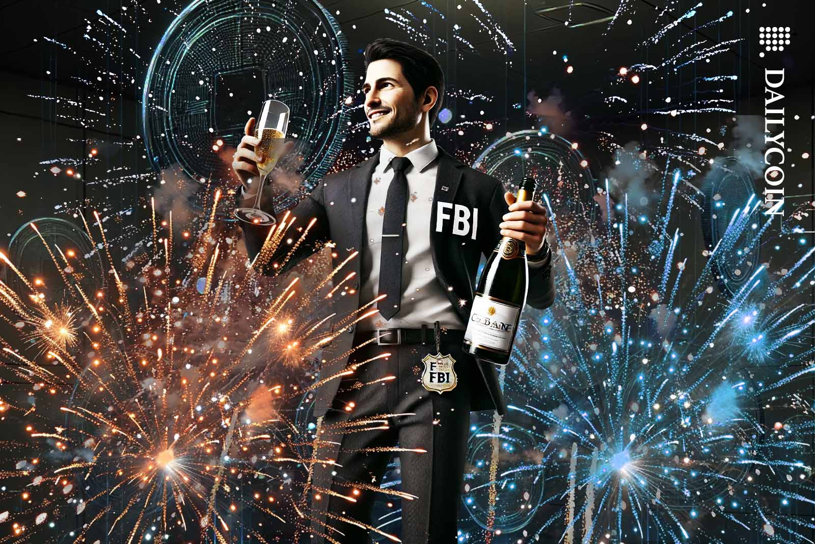 FBI agent celebrating with champagne surrounded by fireworks.
