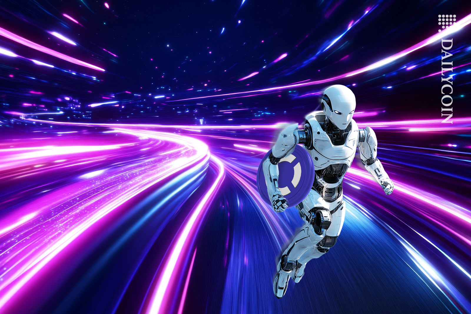 Robot speeding along with a GTAI crypto token in hand.