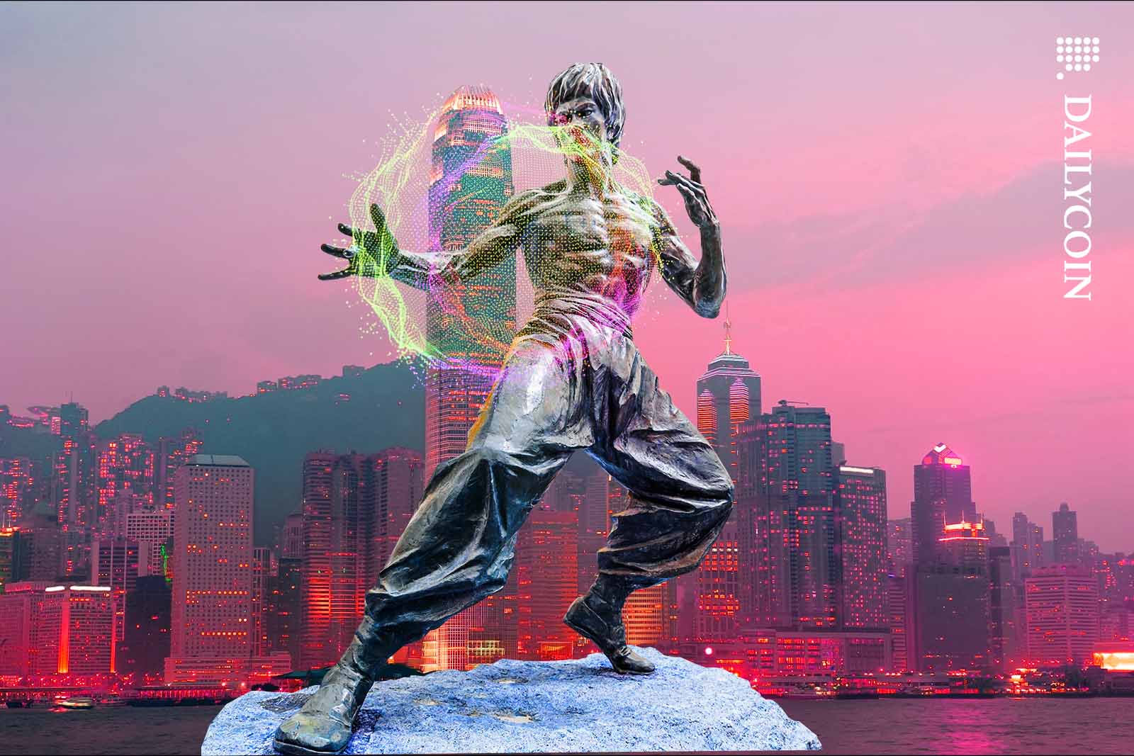 A Statue of Bruce Lee handling a digital sphere in front of Hong Kong.