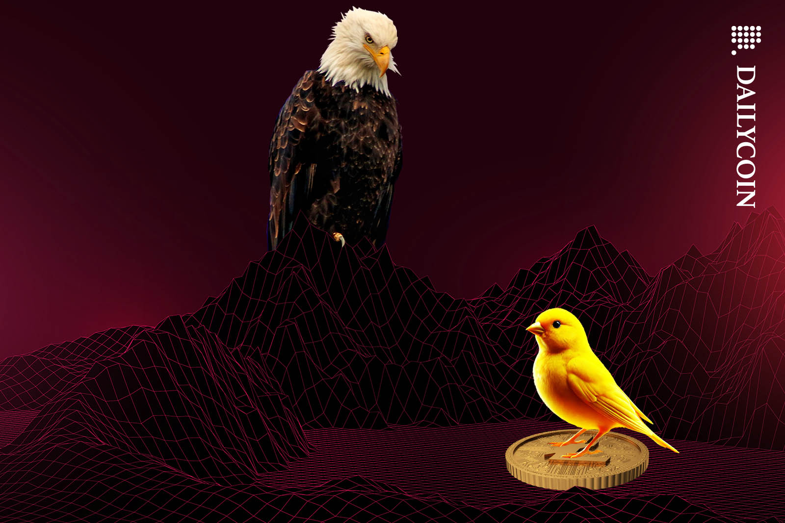 A bald Eagle keeping an eye on a canary on a Litecoin in a wireframe environment.