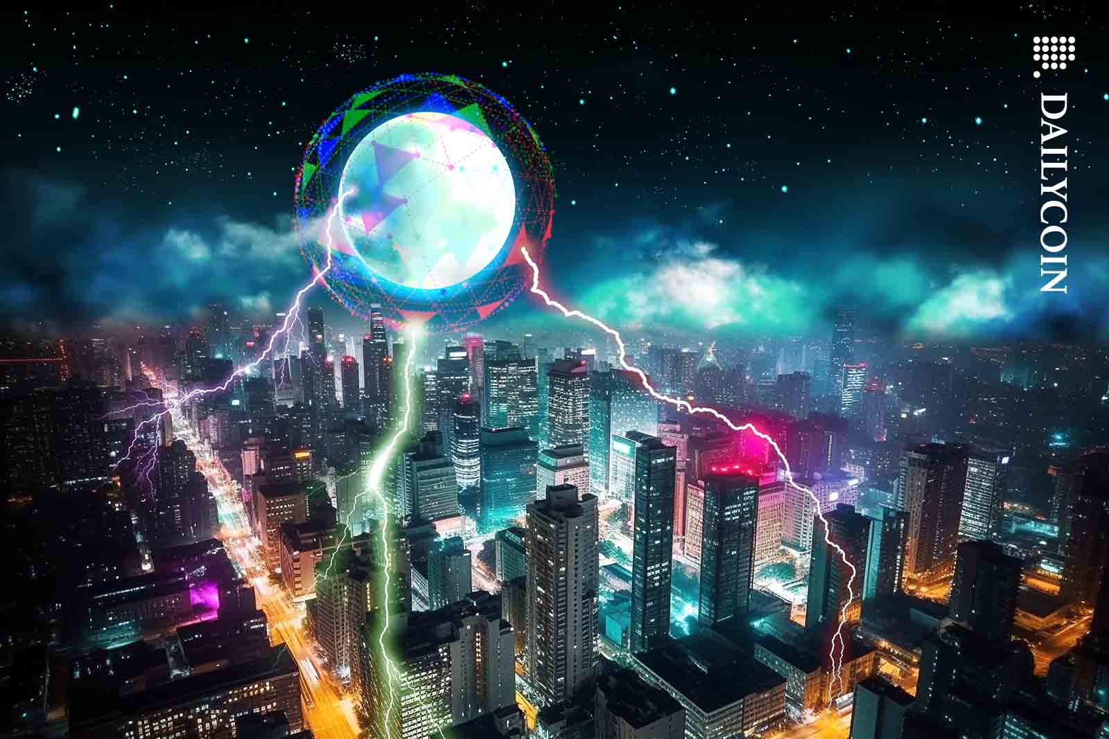 A digital moon above a busy city being charged from the ground.
