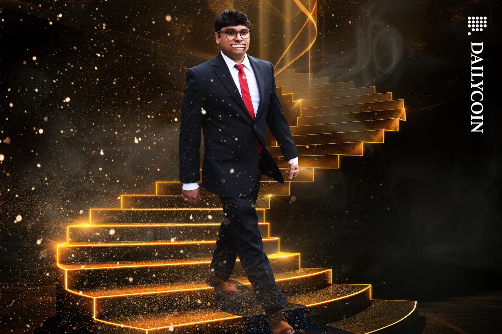 Nishad Singh walking down on glowing stairs leaving gold dust behing as he walks.