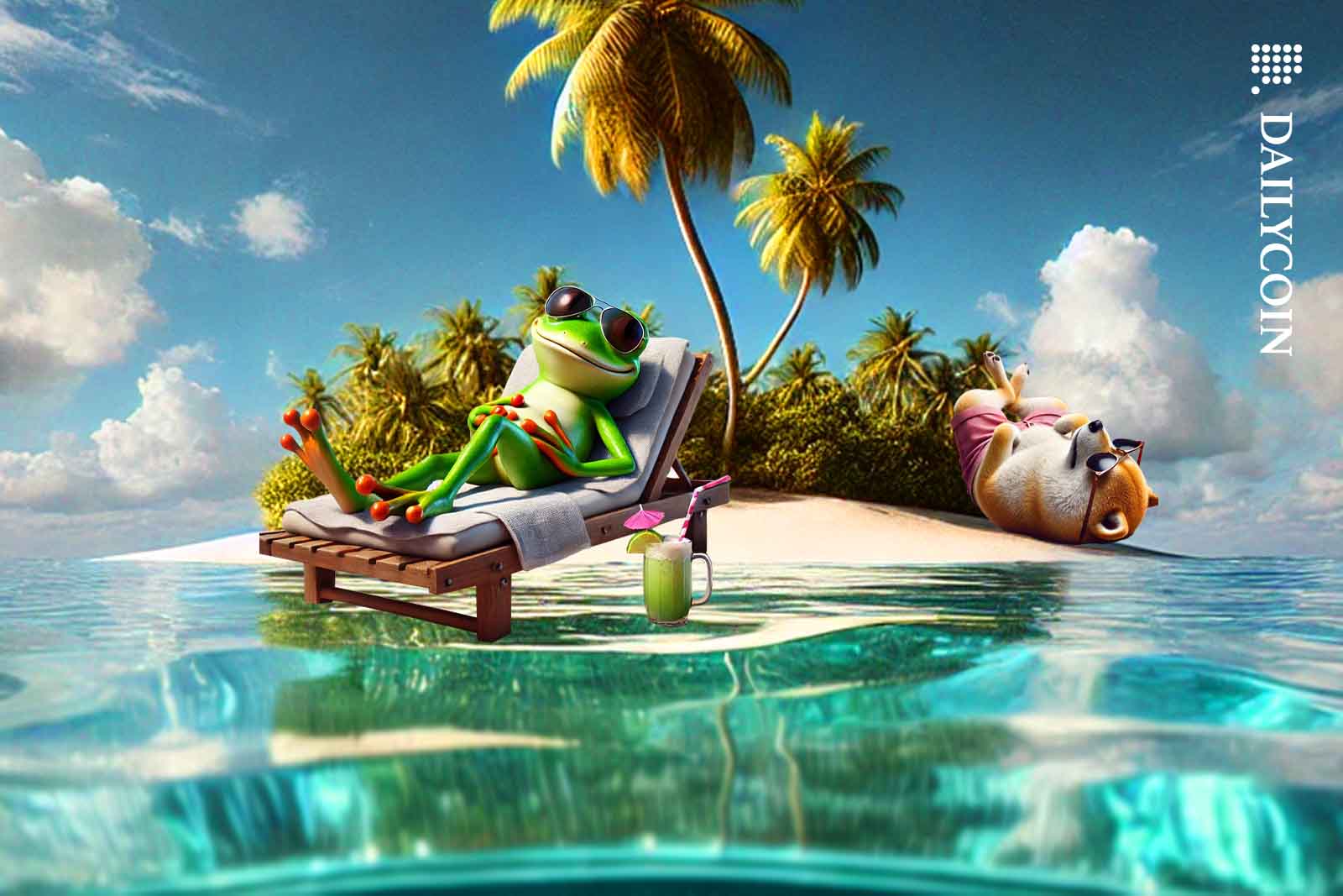 Pepe the frog and Shiba Inu chilling on a tropical island.
