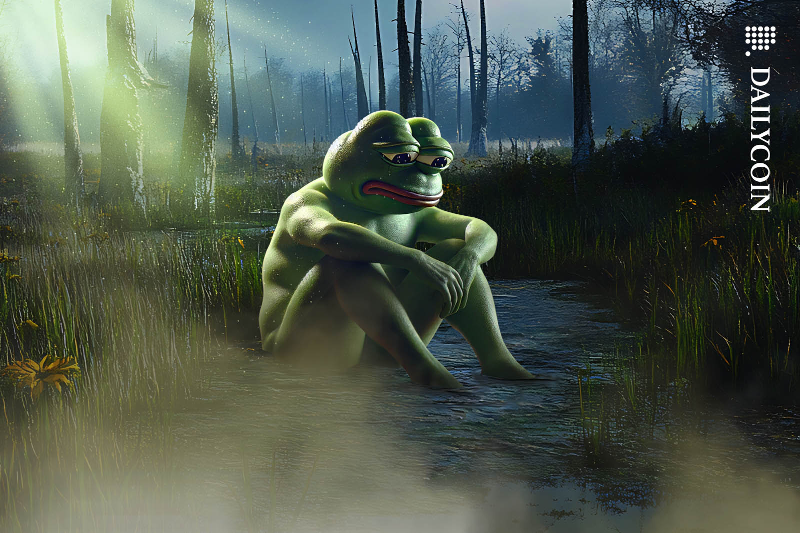 Pepe the frog sitting in a swamp being sad.