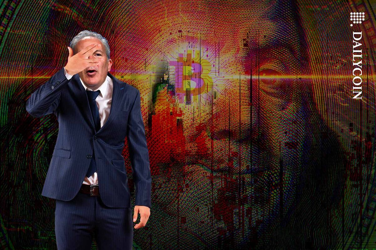 Peter Schiff can't believe his eyes in front of a glitchy "Money Electric" poster.