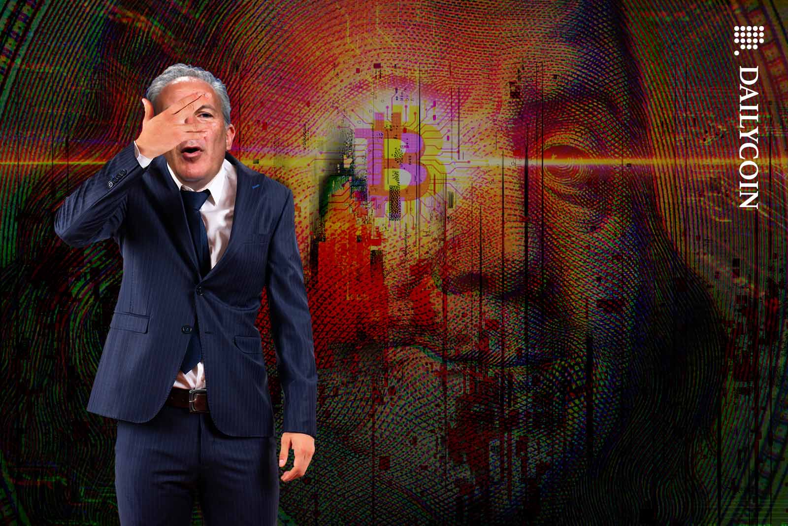 Peter Schiff can't believe his eyes in front of a glitchy "Money Electric" poster.