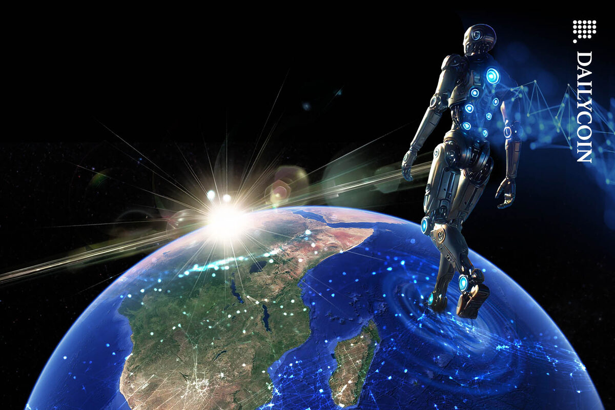 Giant robot walking towards Africa through the Indian Ocean.