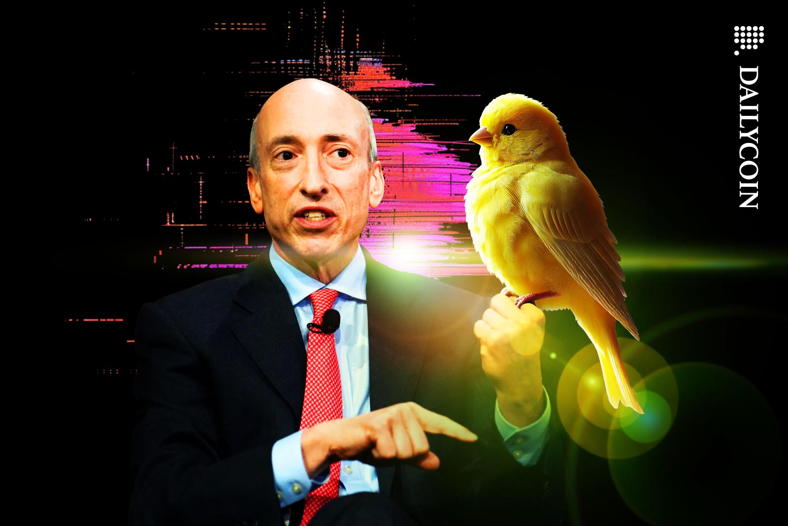 Gary Gensler with a huge Canary on his hand.