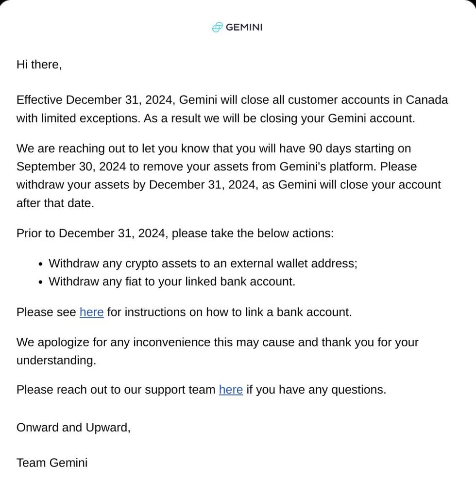 Screenshot of Gemini’s notice to users within Canada.