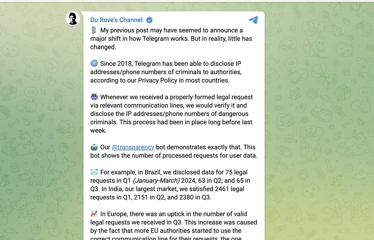 Screenshot of Pavel Durov's post to his channel.