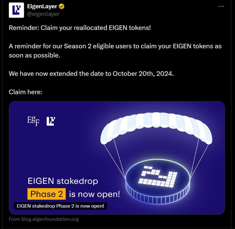 Screenshot of one of the posts promoting the fake EigenLayer airdrop