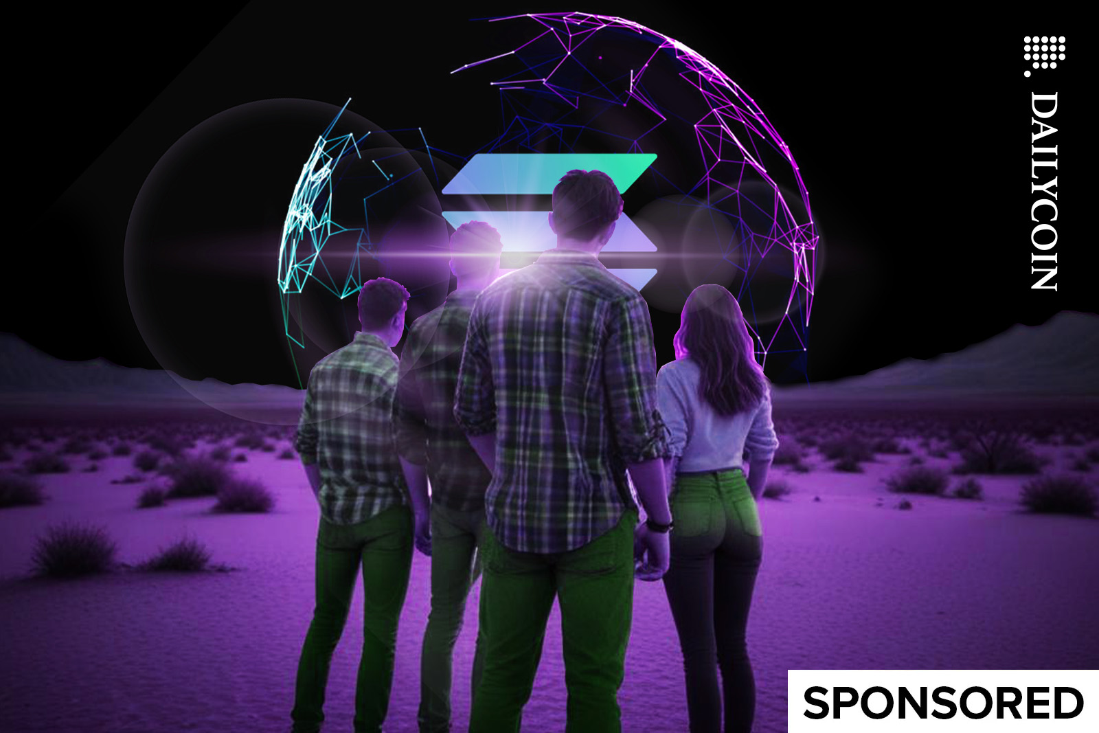 Group of four in a desert looking at a Solana logo rising over the horizon.
