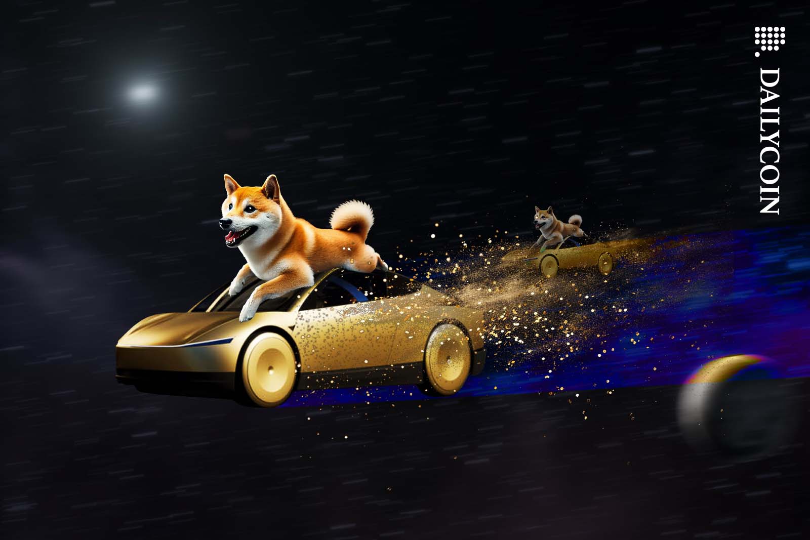 Two Shiba inus racing on Tesla Cybercabs in space.