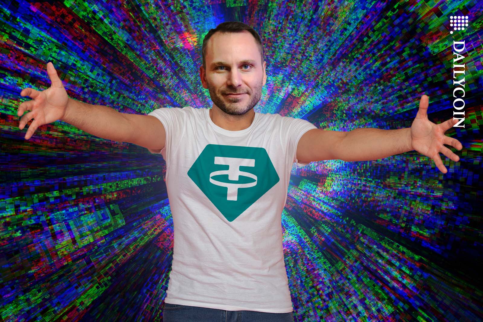 Tether Holdings CEO Paolo Ardoino in a welcoming body posture with a digital background.