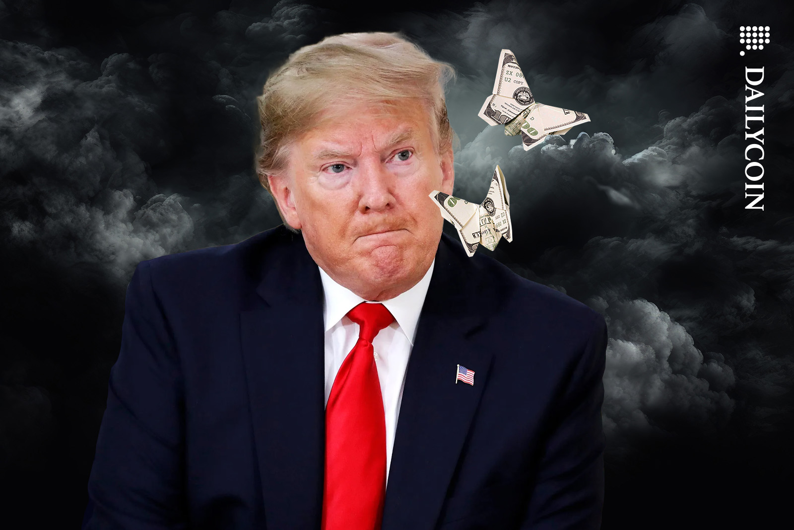 Donald Trump staring at two origami butterflies made out of 100 Dollar notes.