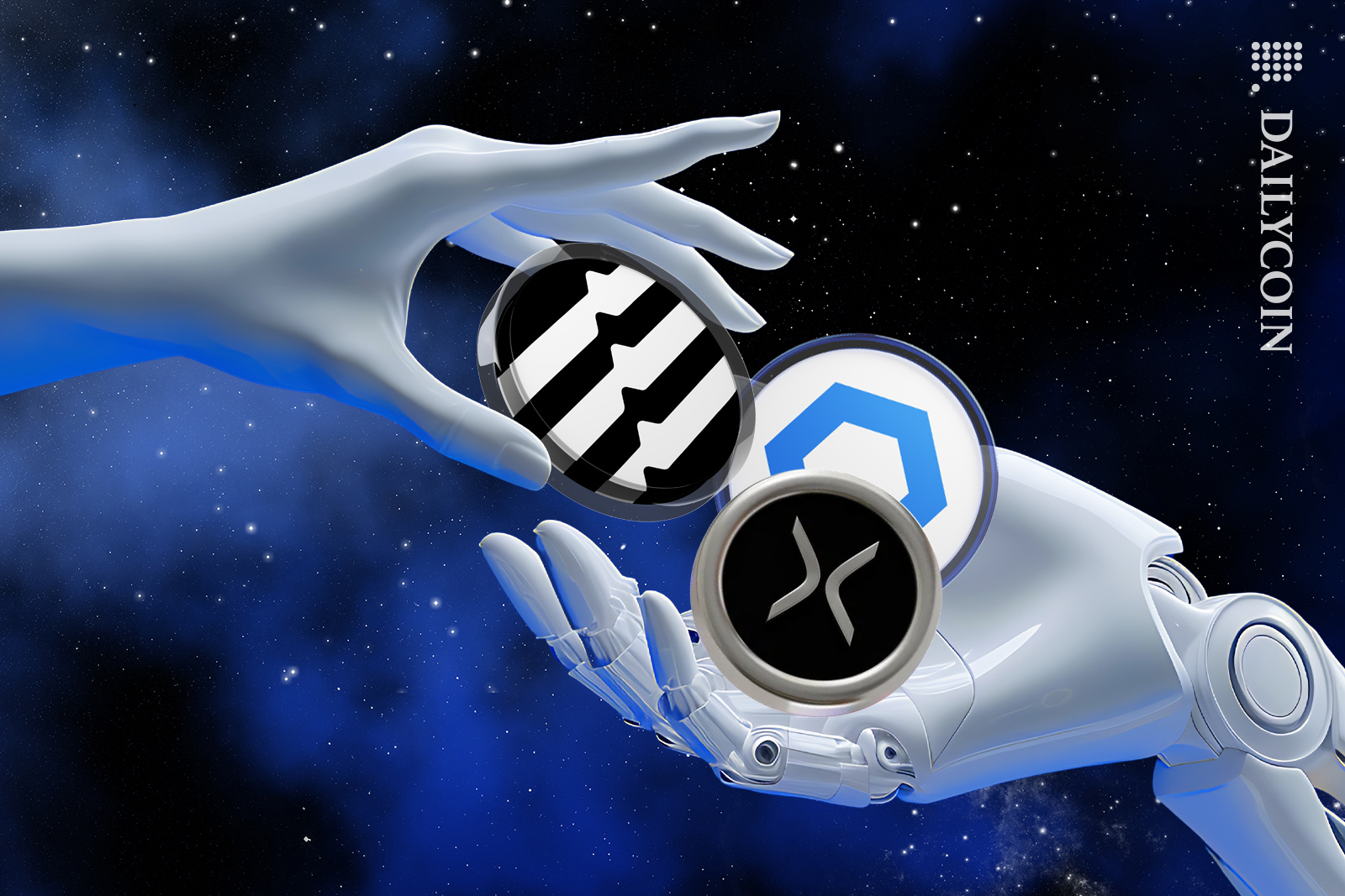 A handing XRP, LINK and APT coins to a robot hand.