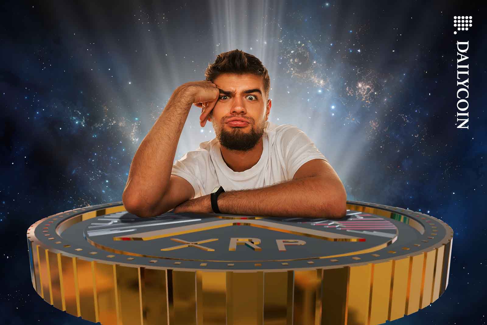 A man thinking on a huge XRP coin.
