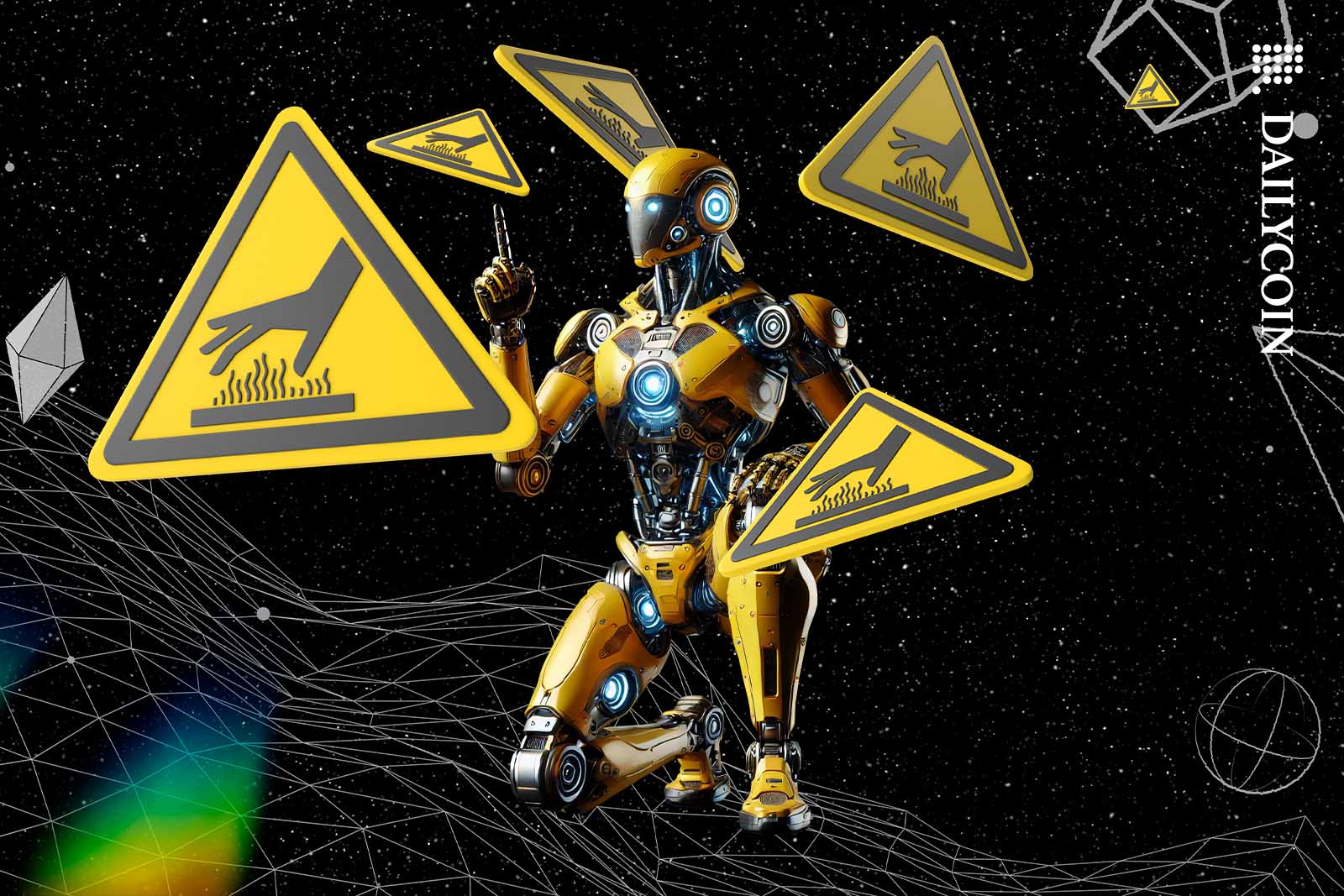 Binance robot pointing at some warning signs floating around in space.