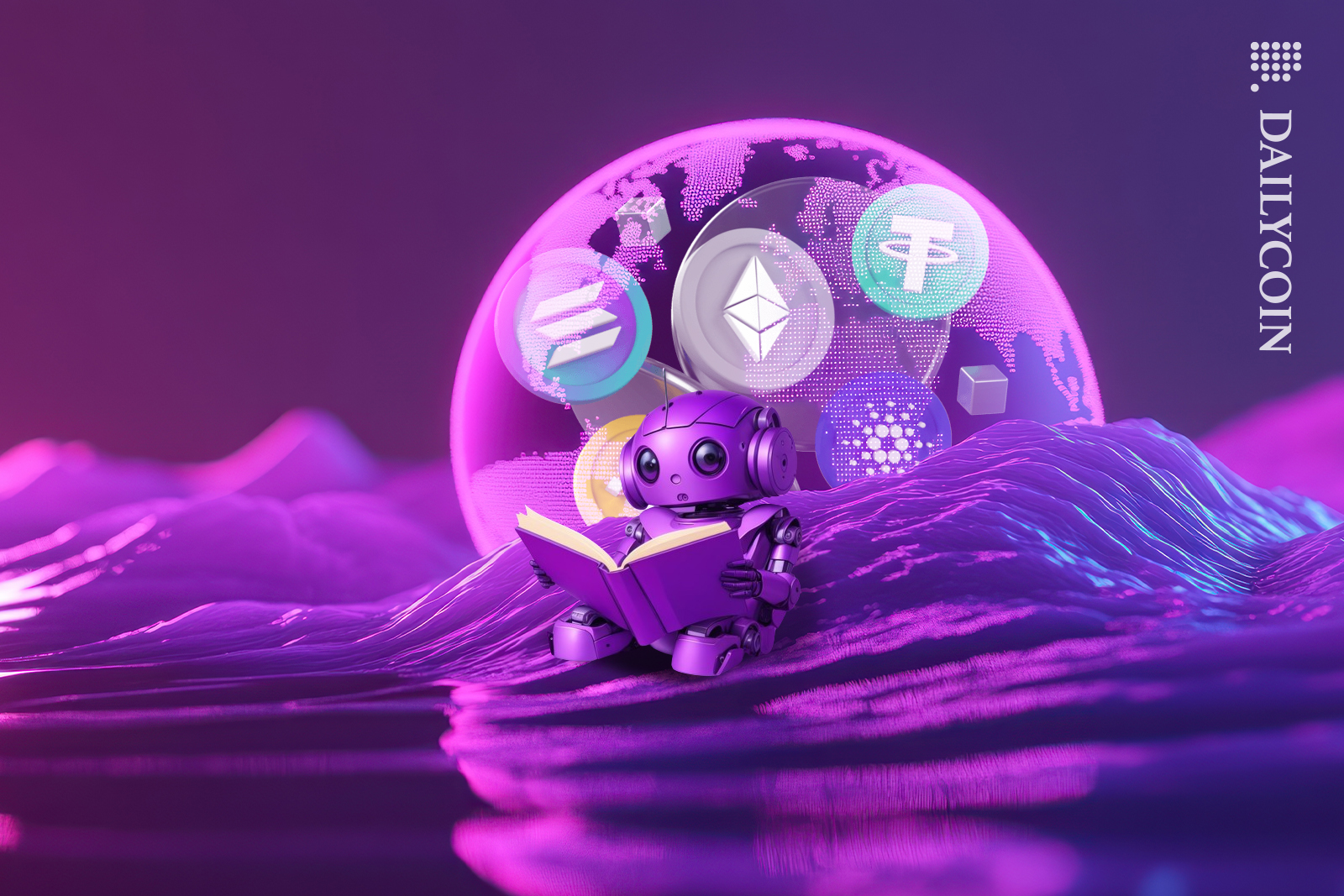 Little robot sitting on a hill reading about altcoins.