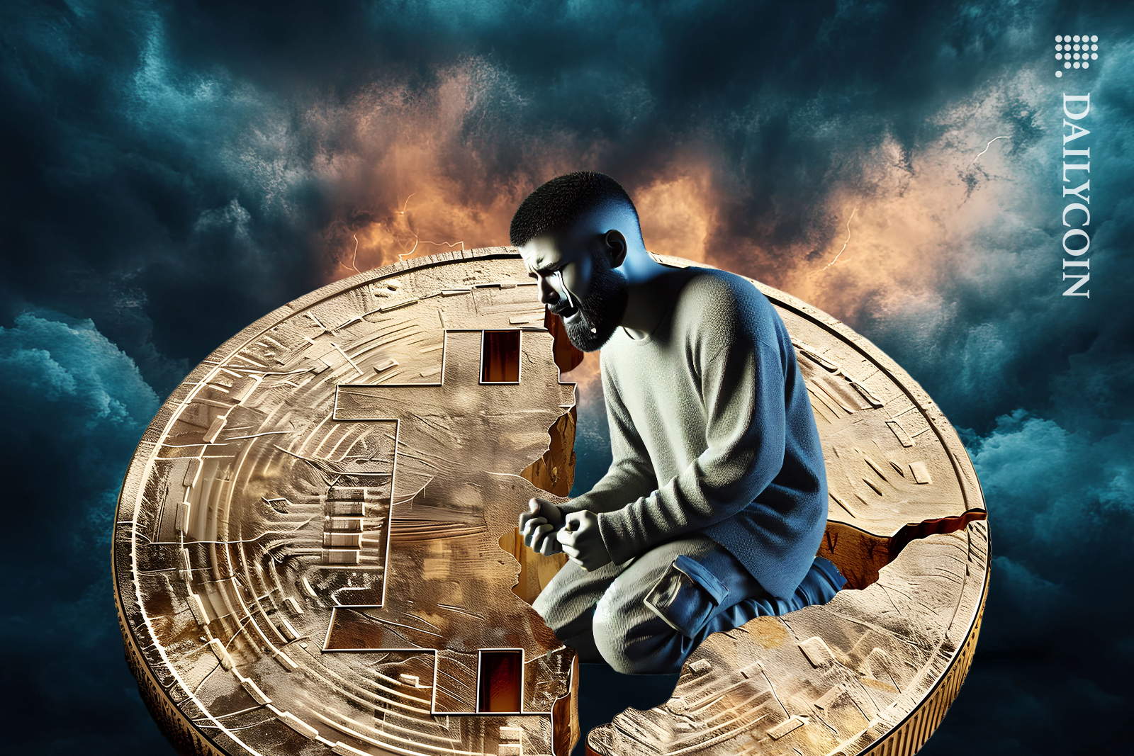 Man inside a broken bitcoin in the storm.