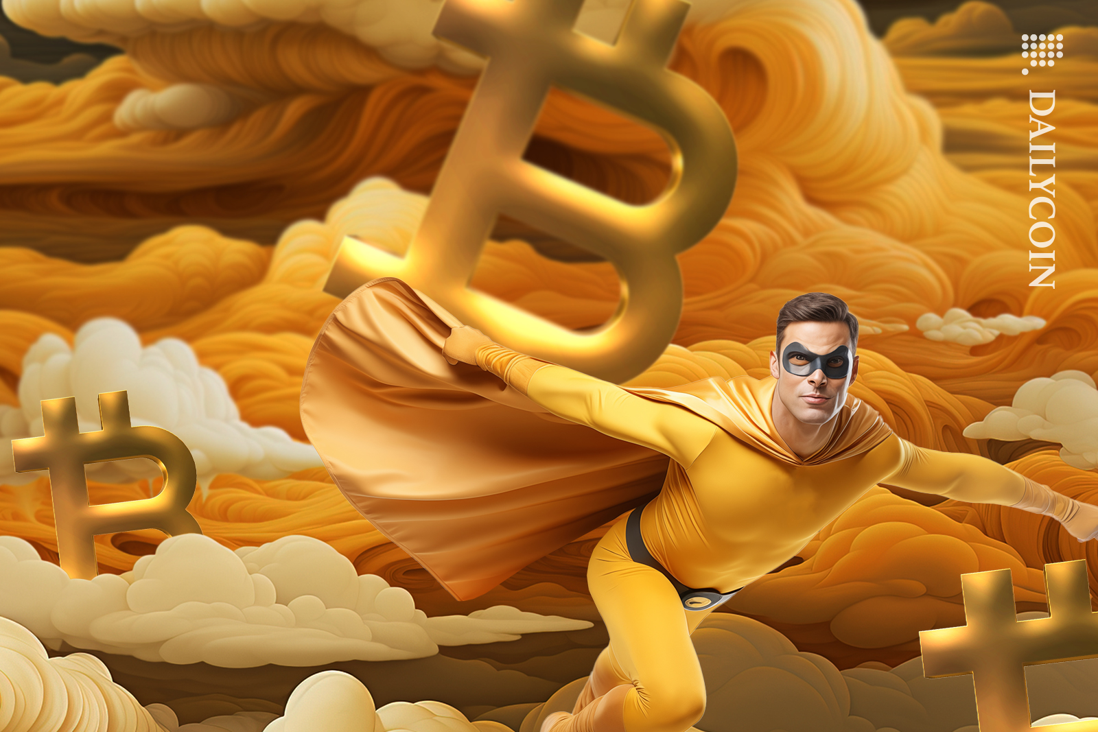 A bitcoin superhero flying in the air.